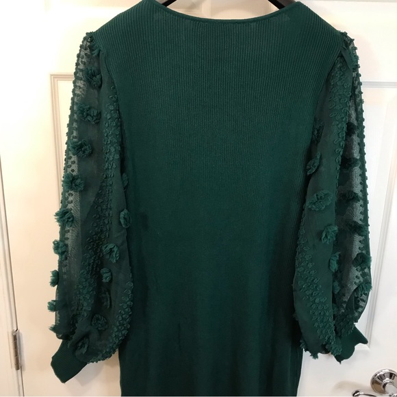 Hunter Green Sweater Dress 4X, Long Sleeve Swiss Dot Sheer Sleeve, Stretch Knit - Picture 9 of 14
